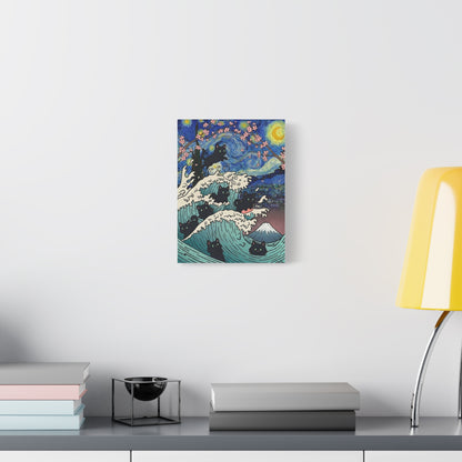 Starry Night Black Cat Wave Canvas Art – Aesthetic Fine Art Decor | TEEZOCA 