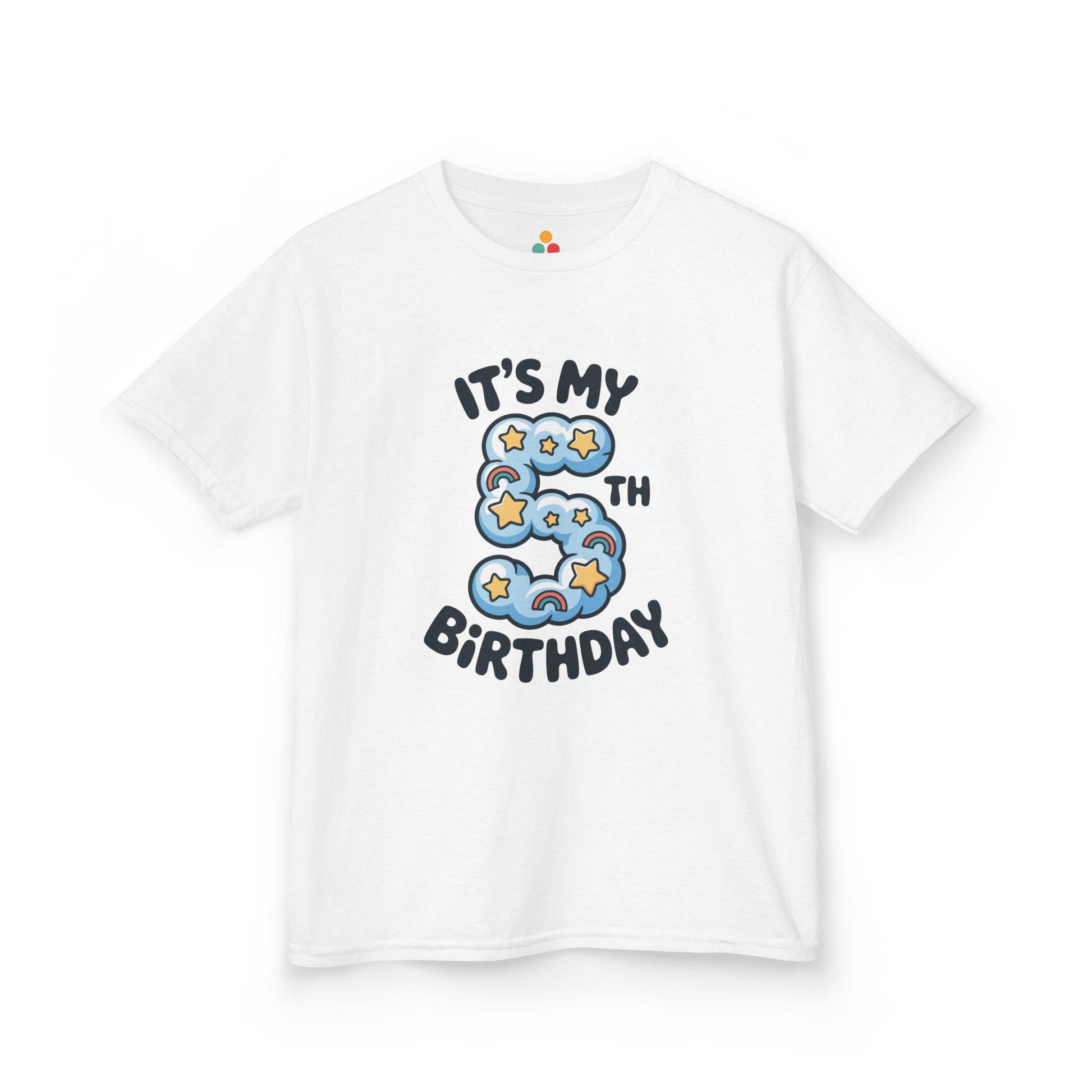 White kids’ t‑shirt with blue cloud number 5, yellow stars, mini rainbows, and “It’s My 5th Birthday” text, flat front view.