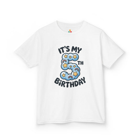  White kids’ t‑shirt with blue cloud number 5, yellow stars, mini rainbows, and “It’s My 5th Birthday” text, flat front view.