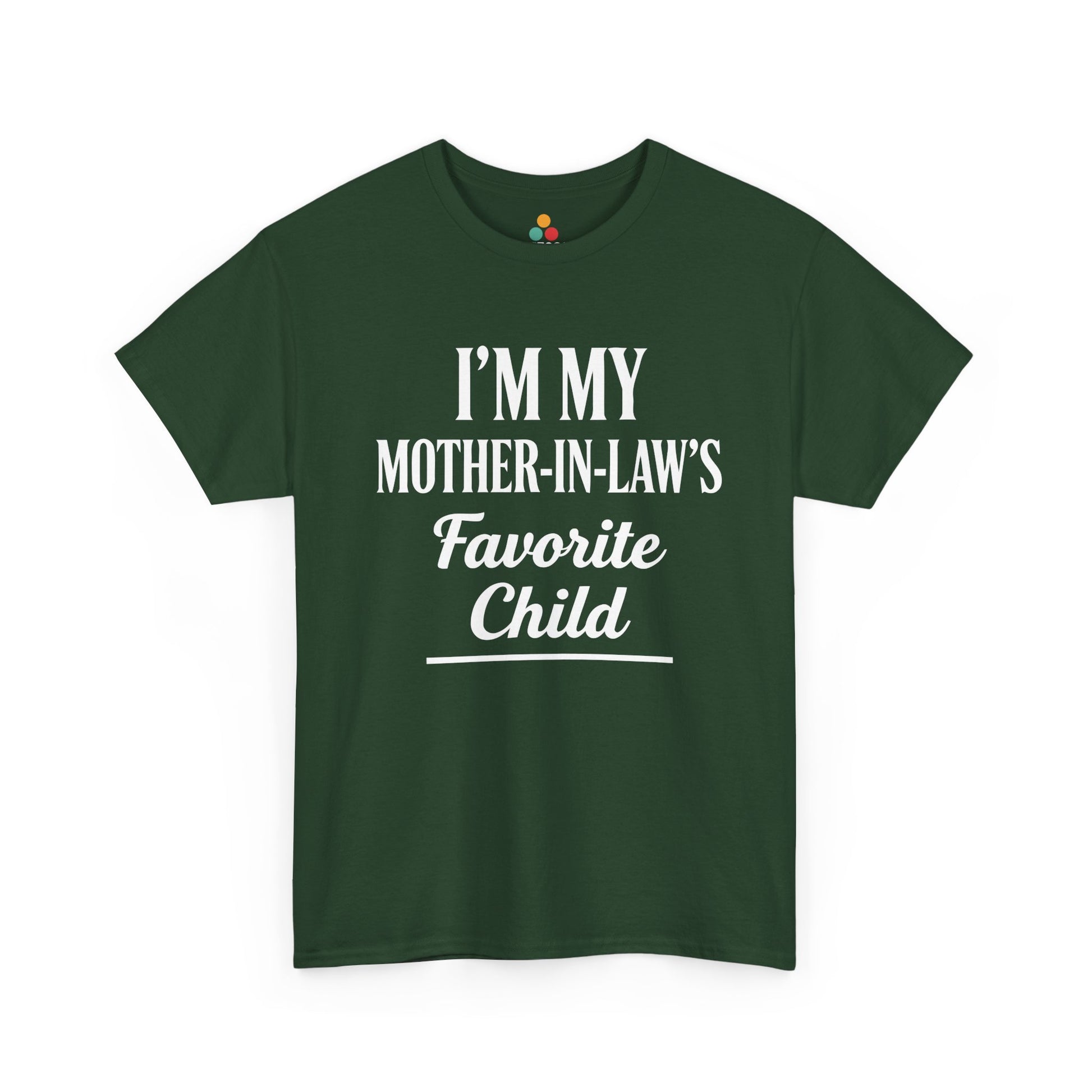 “Teezoca charcoal gray I’m My Mother‑In‑Law’s Favorite Child shirt, white typography, front view.”

