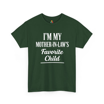 “Teezoca charcoal gray I’m My Mother‑In‑Law’s Favorite Child shirt, white typography, front view.”


