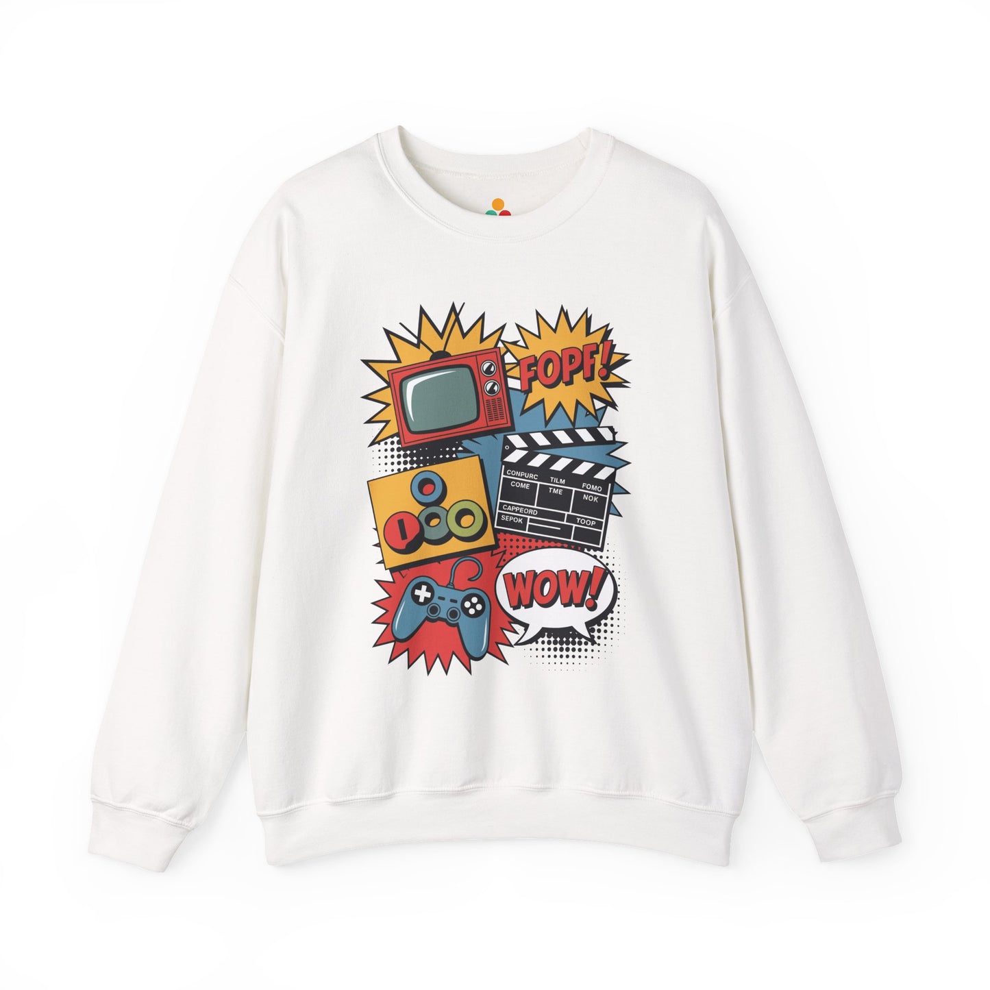 TEEZOCA retro pop culture sweatshirt with gaming movie and TV icons White sweatshirt with colorful graphic design on a white background