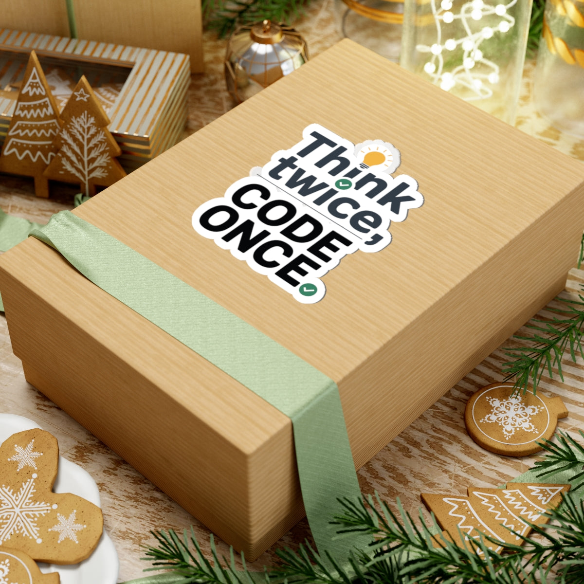 TEEZOCA developer sticker with think twice code once text and check mark