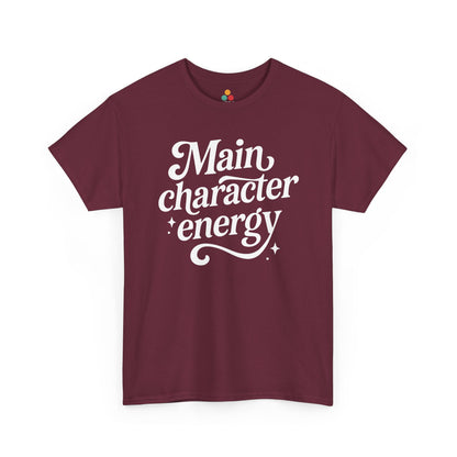“Teezoca Main Character Energy shirt, white script and sparkles design, maroon tee, flat front display.”

