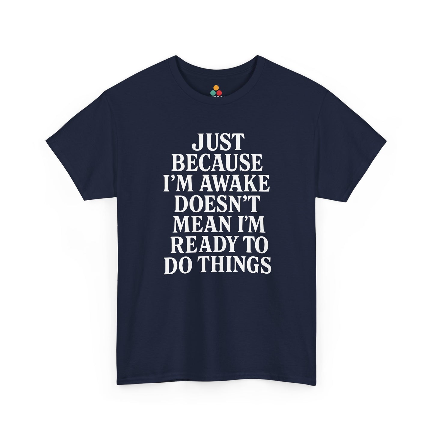“Navy blue lazy‑morning quote t‑shirt with big white text, flat view.”

