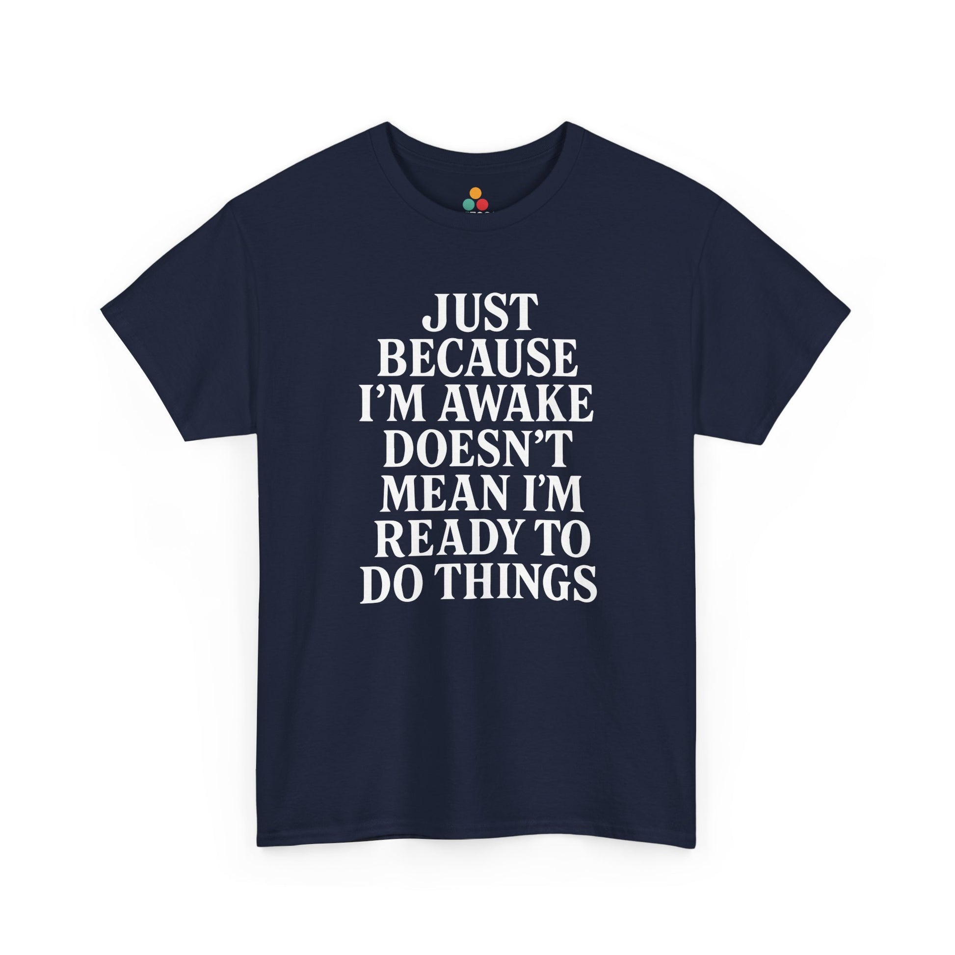 “Navy blue lazy‑morning quote t‑shirt with big white text, flat view.”

