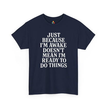 “Navy blue lazy‑morning quote t‑shirt with big white text, flat view.”

