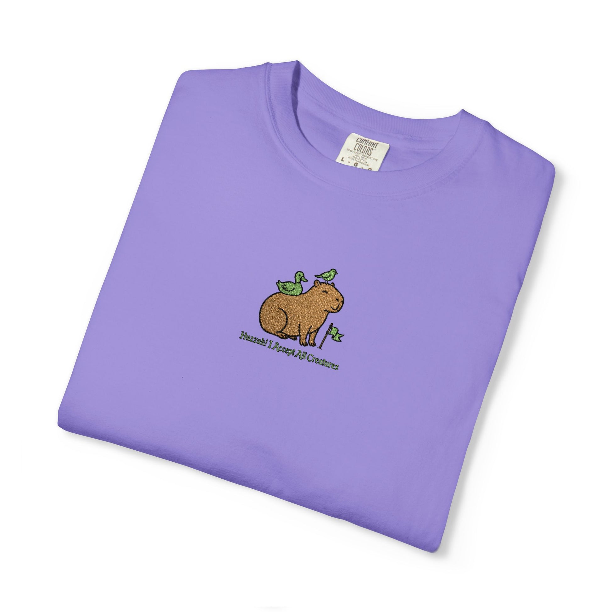 Comfort Colors® Huzzah! I Accept All Creatures Capybara Embroidered T-Shirt | TEEZOCA 