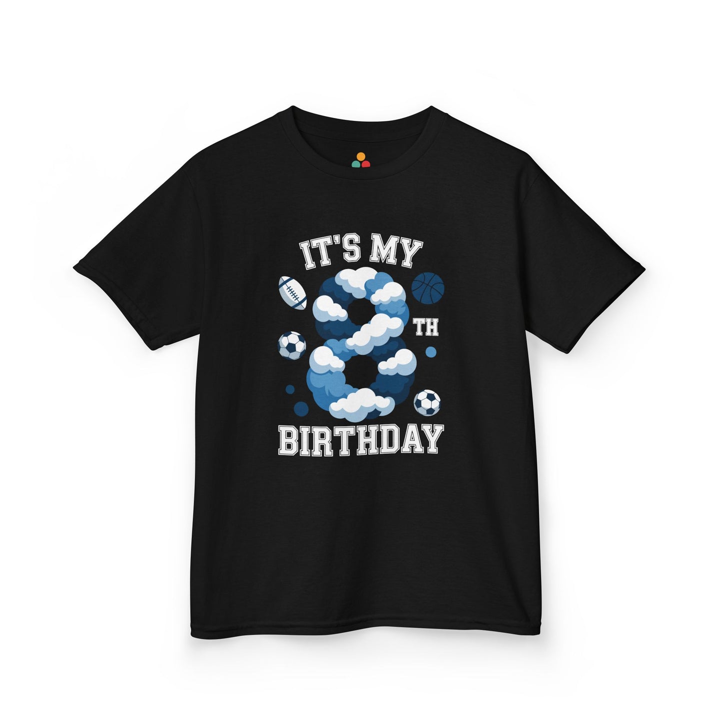“Black ‘It’s My 8th Birthday’ t‑shirt with blue cloud number 8 and football, soccer, basketball graphics, kids sports design, flat front view.”


