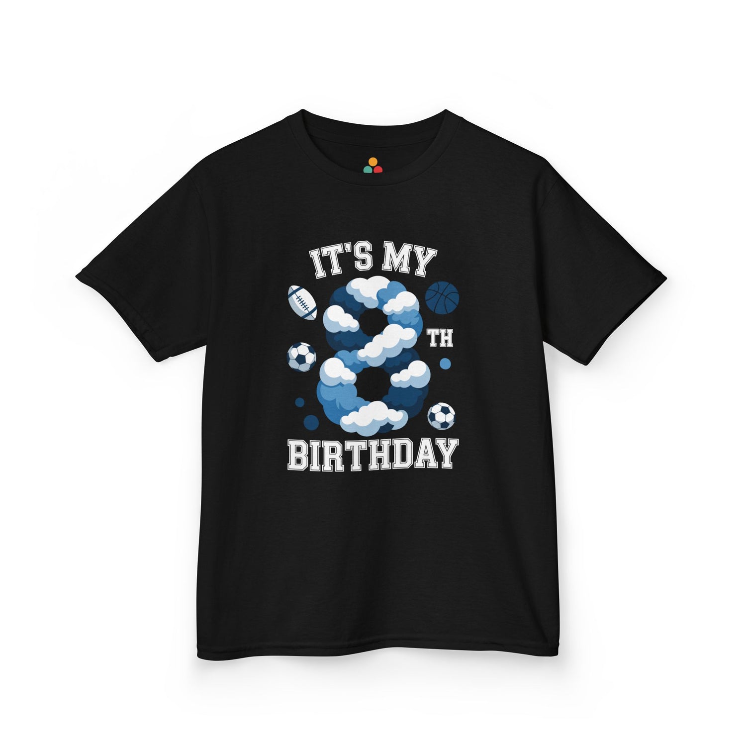 “Black ‘It’s My 8th Birthday’ t‑shirt with blue cloud number 8 and football, soccer, basketball graphics, kids sports design, flat front view.”

