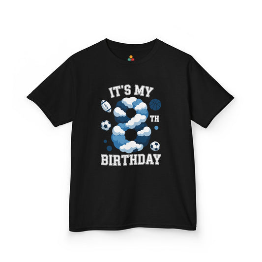“Black ‘It’s My 8th Birthday’ t‑shirt with blue cloud number 8 and football, soccer, basketball graphics, kids sports design, flat front view.”

