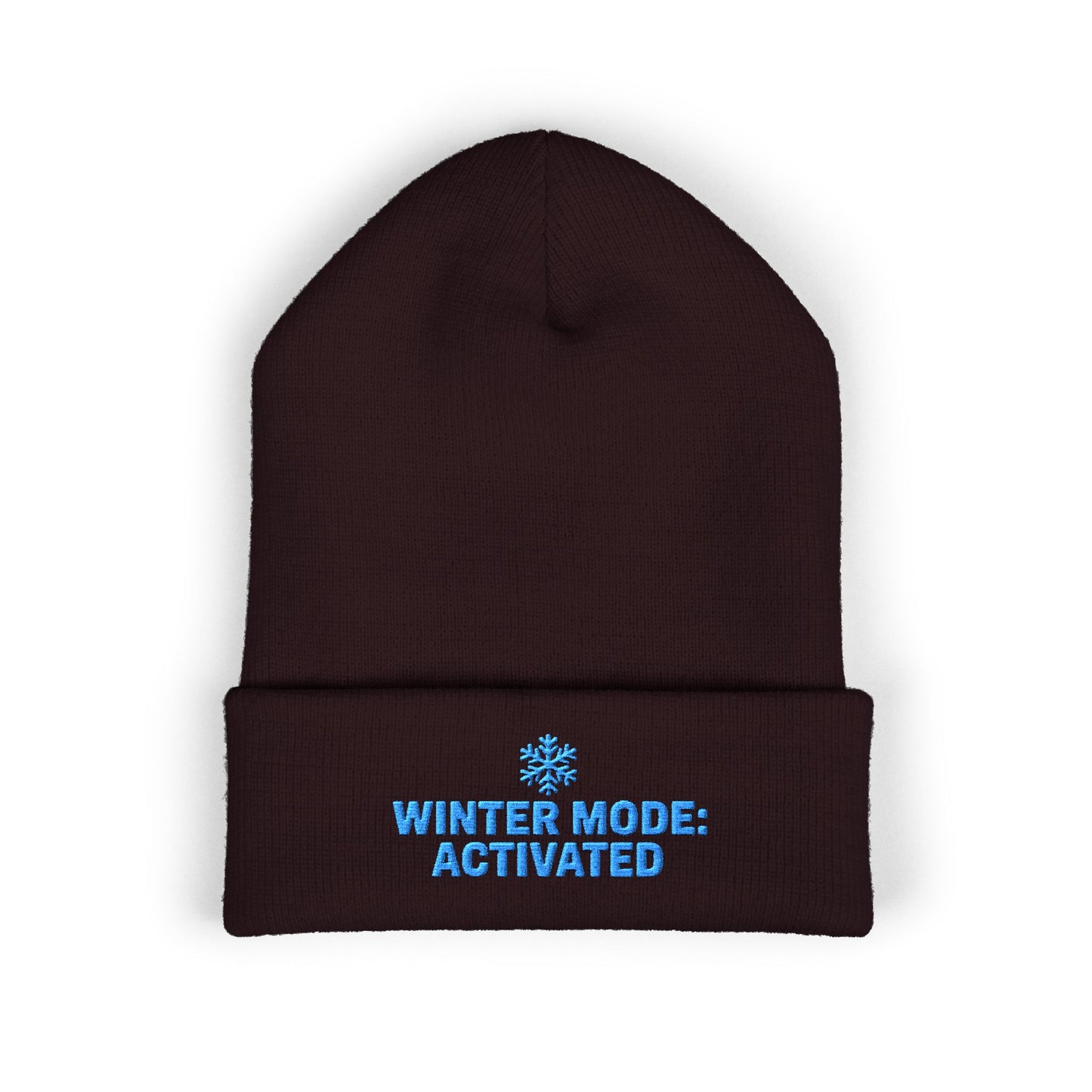 Brown beanie with blue text 'Winter Mode: Activated' on a white background. Winter snowflake embroidery beanie for cold-weather outfits