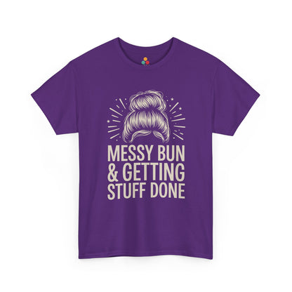 TEEZOCA purple "Messy Bun & Getting Stuff Done" novelty womens tee displayed flat.