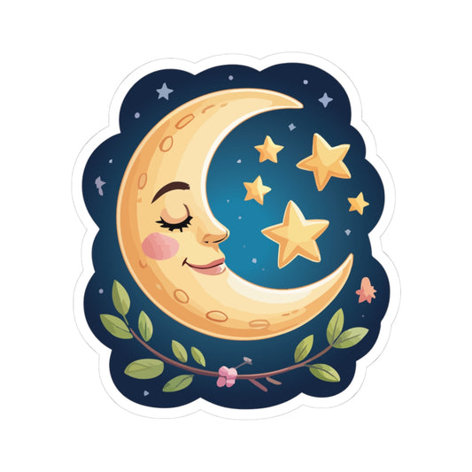 TEEZOCA cute sleeping moon sticker with crescent moon face and stars in night sky