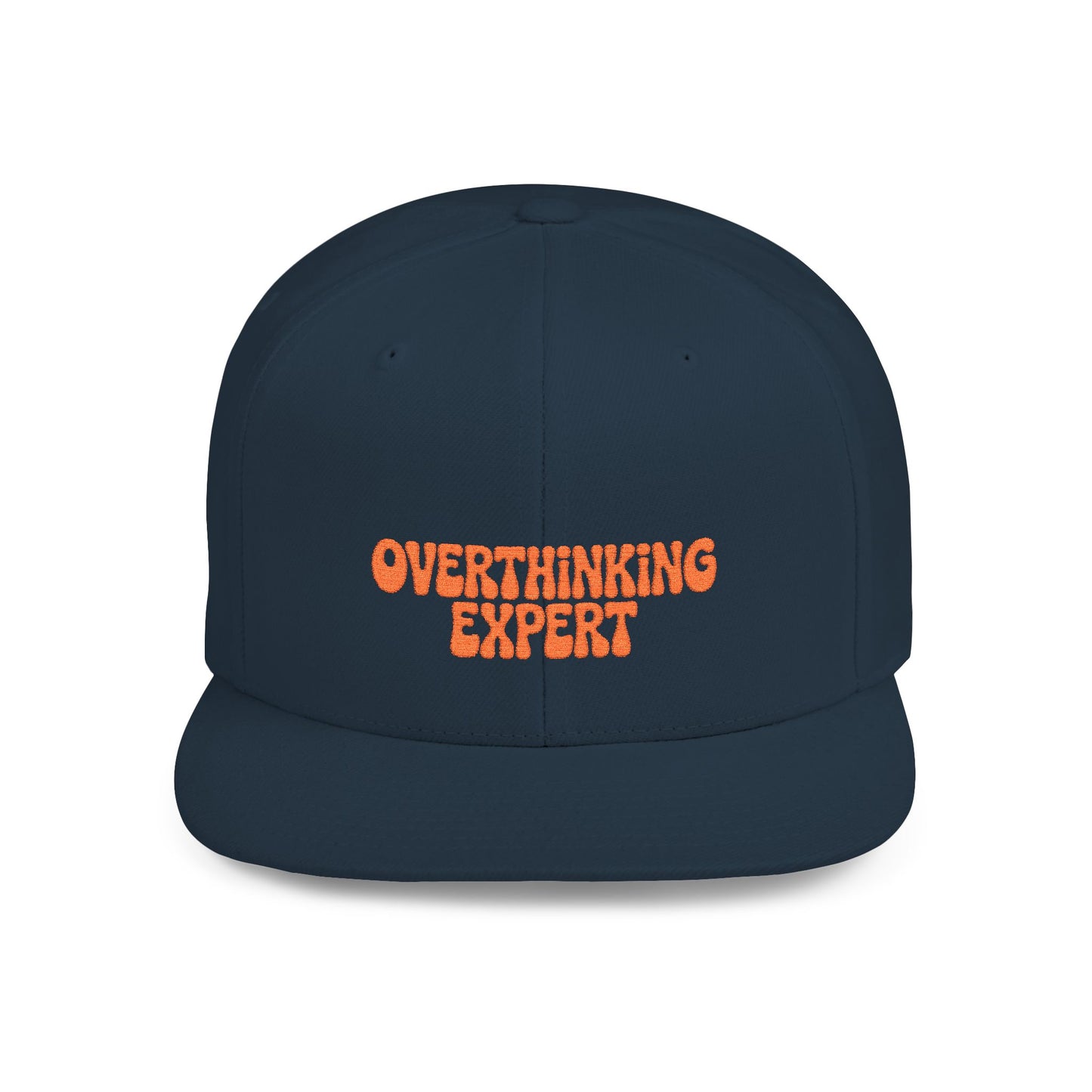 Navy blue cap with orange text 'OVER THINKING EXPERT' on a white background