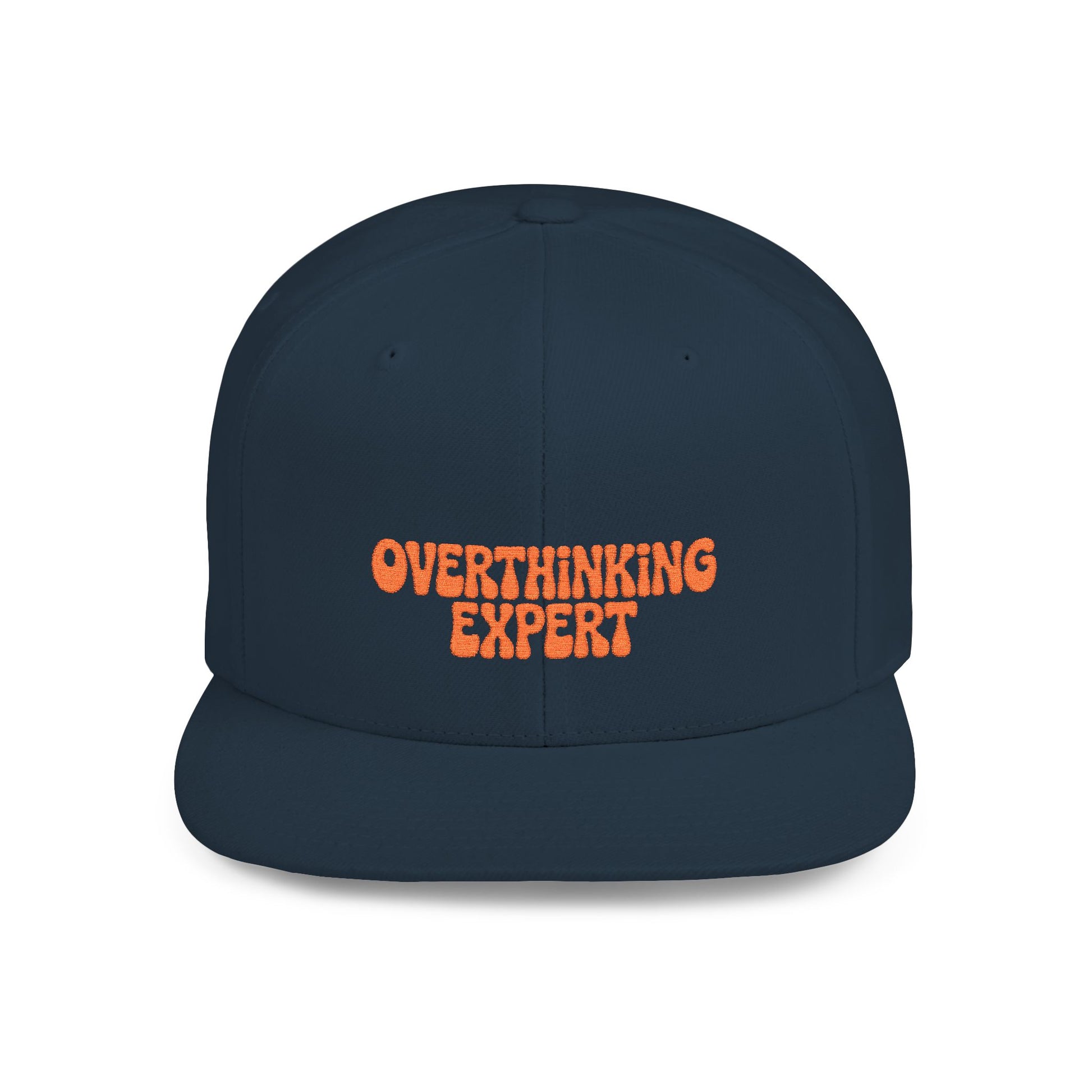 Navy blue cap with orange text 'OVER THINKING EXPERT' on a white background