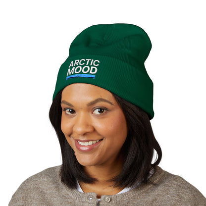 Person wearing a green 'Arctic Mood' beanie on a white background