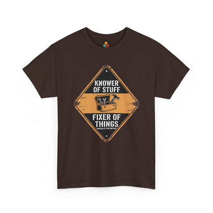 TEEZOCA brown “Knower Of Stuff Fixer Of Things” novelty handyman t-shirt shown on a plain background.