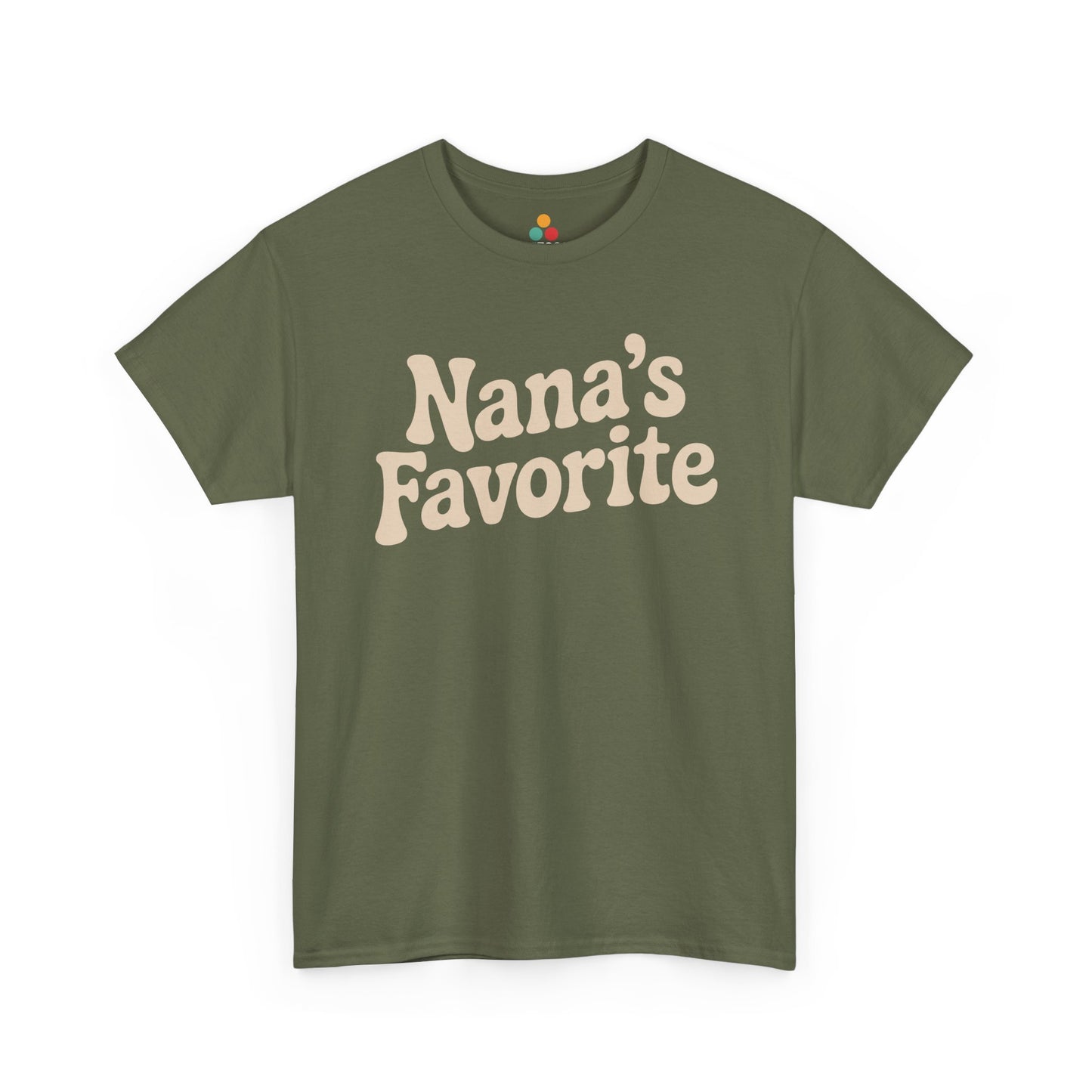 Olive t‑shirt with cream “Nana’s Favorite” retro font, flat front view.​