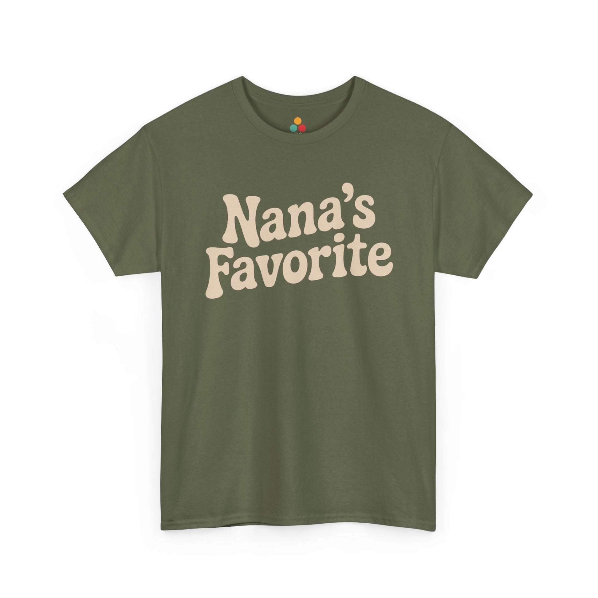 Olive t‑shirt with cream “Nana’s Favorite” retro font, flat front view.​