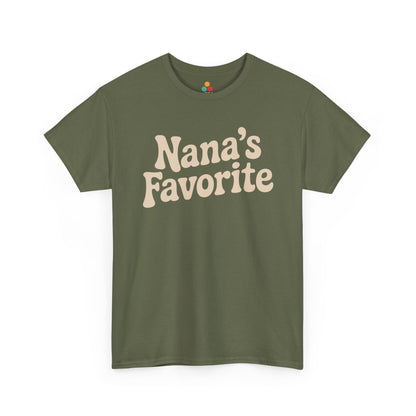 Olive t‑shirt with cream “Nana’s Favorite” retro font, flat front view.​