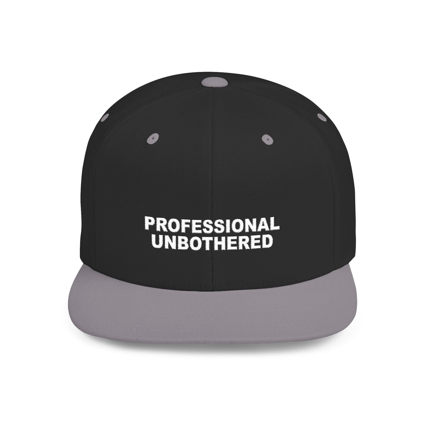 Black cap with 'PROFESSIONAL UNBOtherED' text on a white background