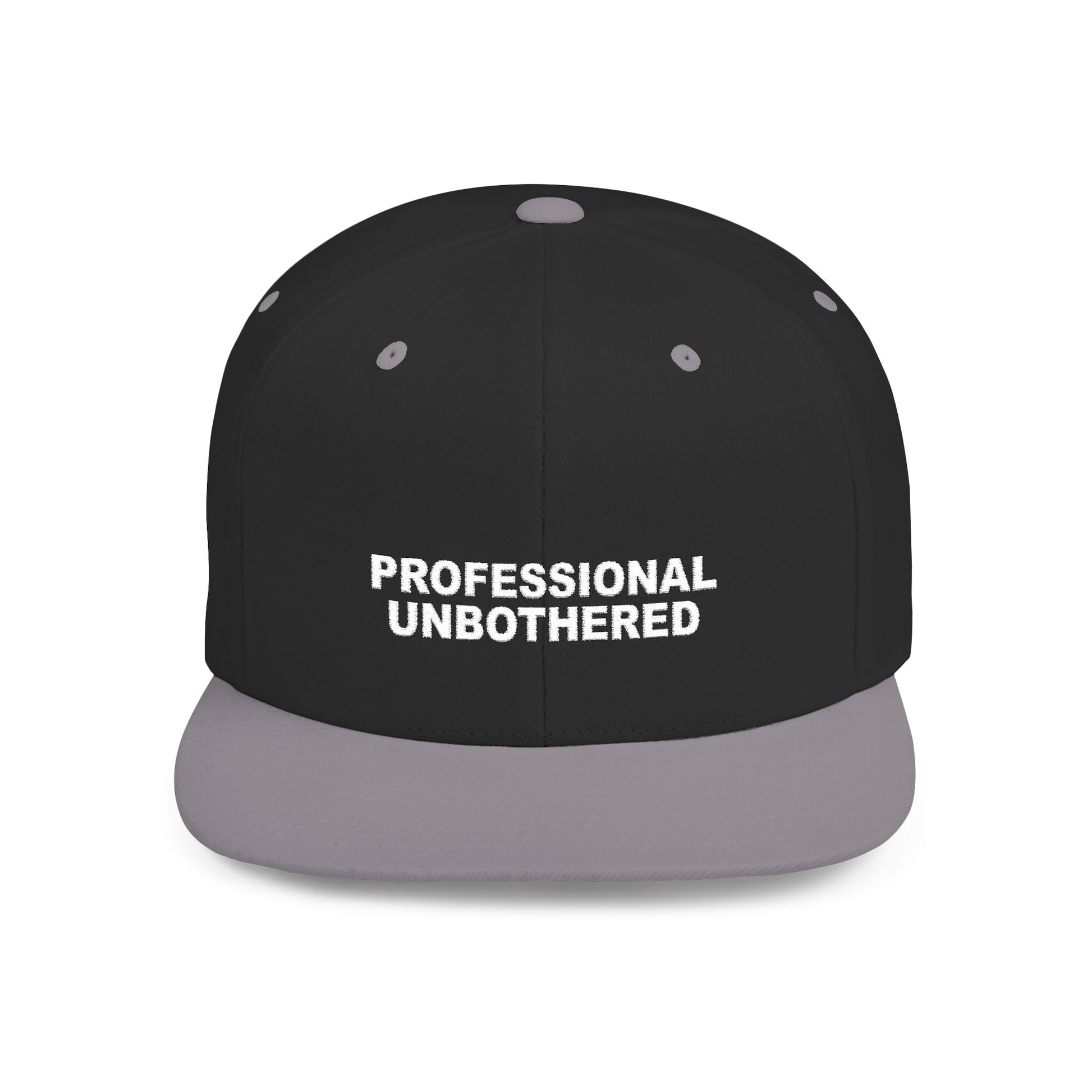 Black cap with 'PROFESSIONAL UNBOtherED' text on a white background