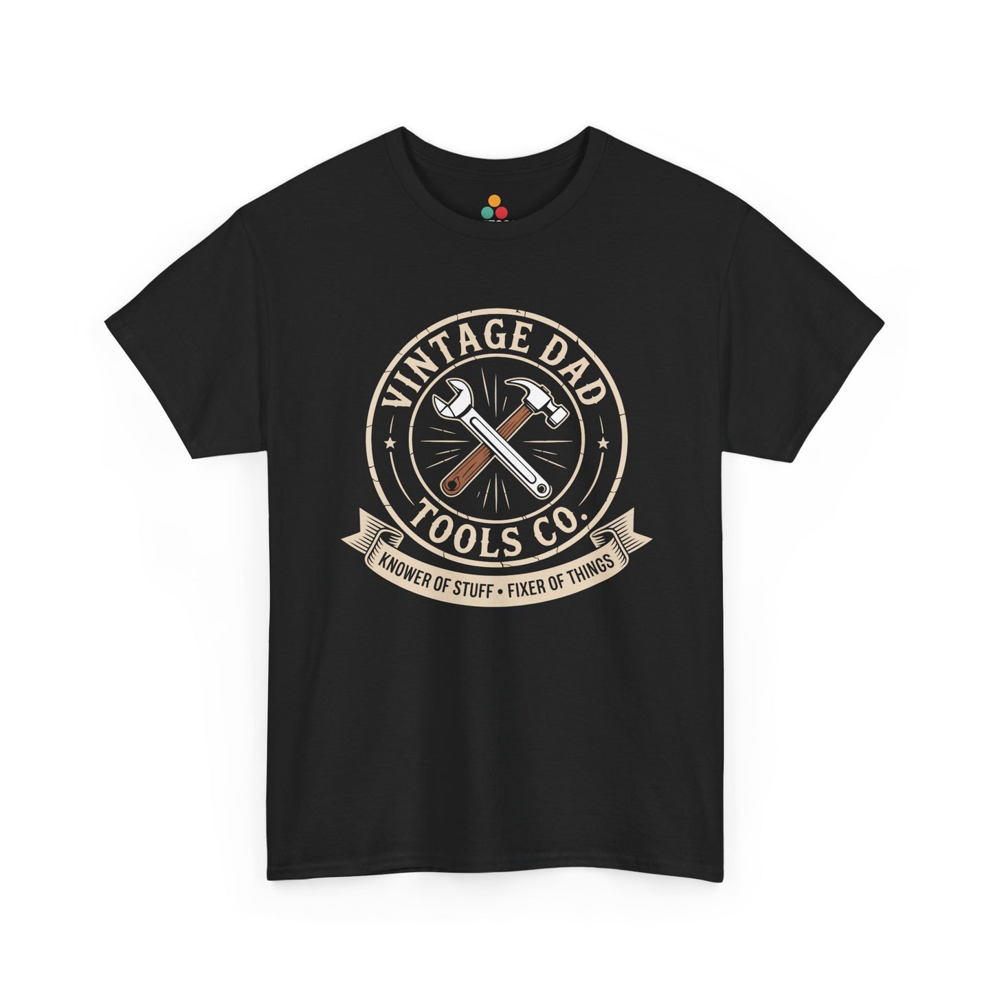 TEEZOCA black “Vintage Dad Tools Co. Knower Of Stuff Fixer Of Things” graphic T‑shirt shown flat with crossed wrench and hammer design.