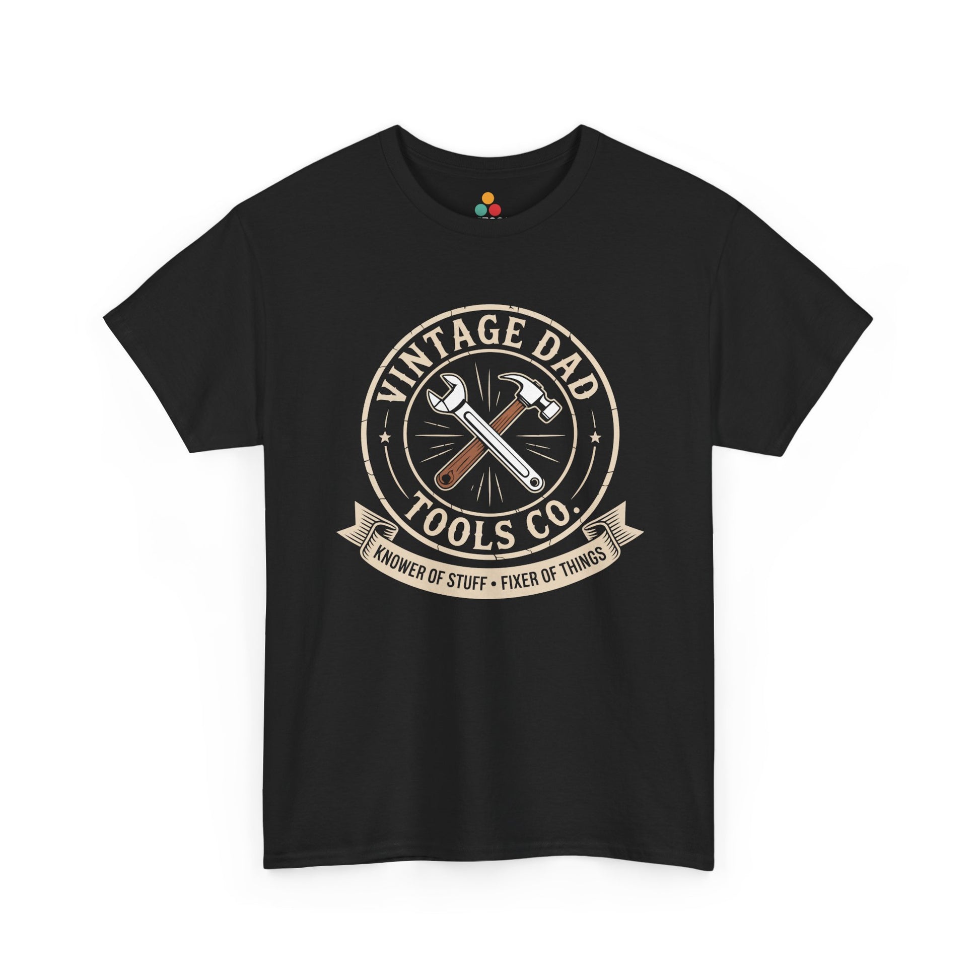 TEEZOCA black “Vintage Dad Tools Co. Knower Of Stuff Fixer Of Things” graphic T‑shirt shown flat with crossed wrench and hammer design.