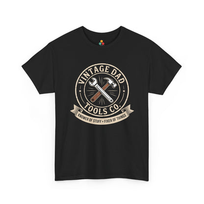 TEEZOCA black “Vintage Dad Tools Co. Knower Of Stuff Fixer Of Things” graphic T‑shirt shown flat with crossed wrench and hammer design.