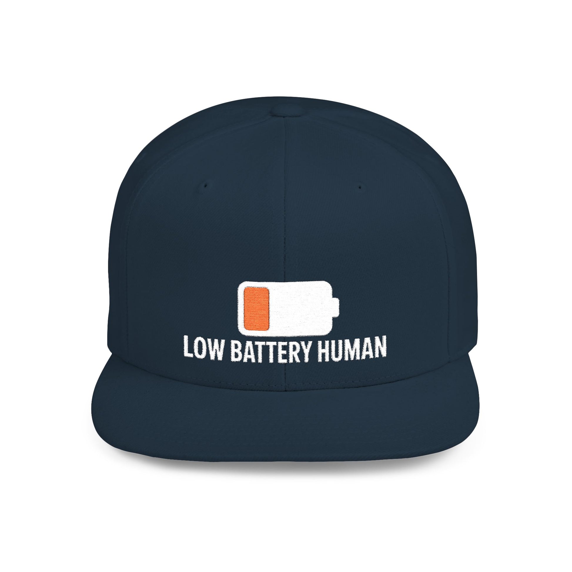 Navy blue cap with 'Low Battery Human' text and battery icon on a white background