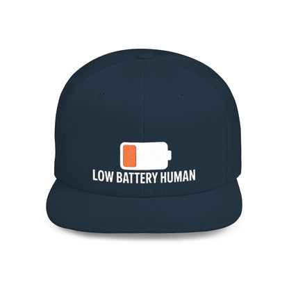 Navy blue cap with 'Low Battery Human' text and battery icon on a white background
