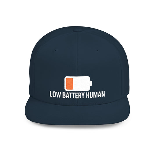 Navy blue cap with 'Low Battery Human' text and battery icon on a white background