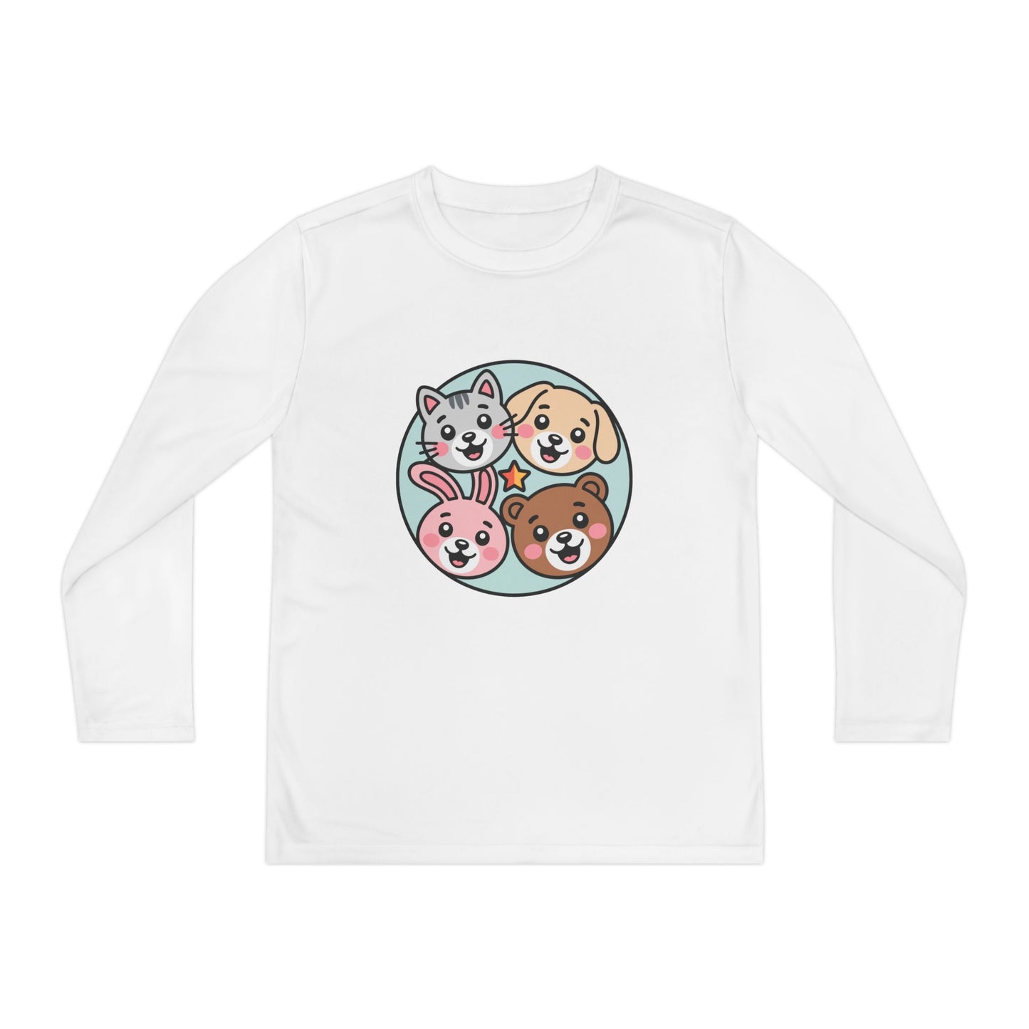 Kids Long Sleeve Tee — Cute Animal Friends Circle (Dog, Cat, Bunny, Bear) TEEZOCA