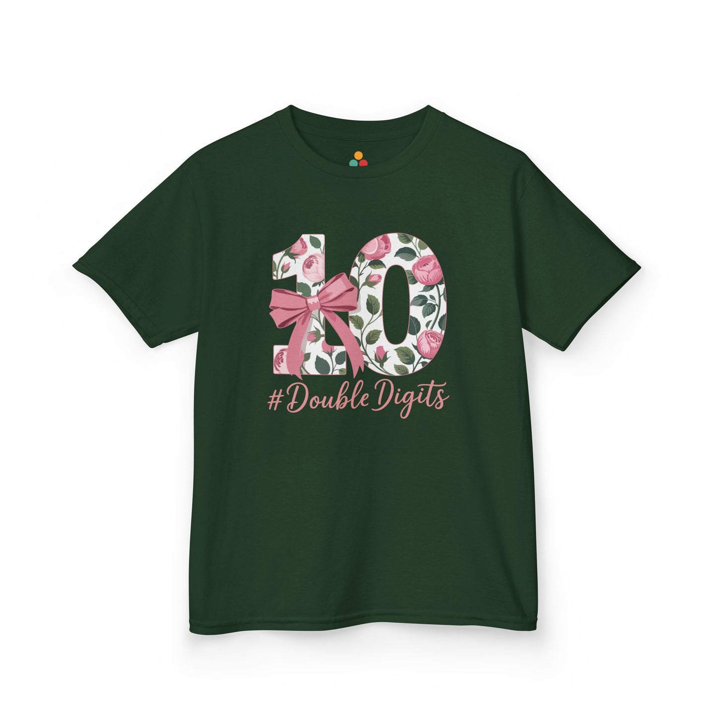 “Forest green 10th birthday shirt with floral 10 graphic and pink bow, ‘#DoubleDigits’ script, girls milestone tee, front view.”

