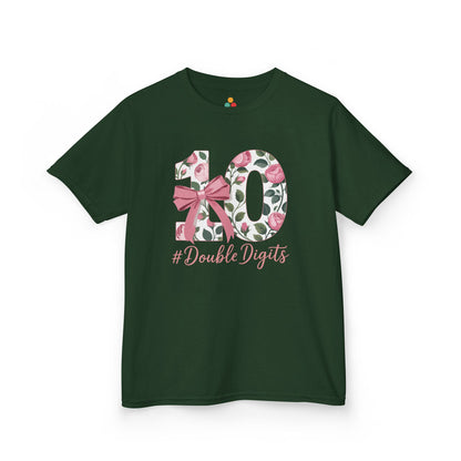 “Forest green 10th birthday shirt with floral 10 graphic and pink bow, ‘#DoubleDigits’ script, girls milestone tee, front view.”

