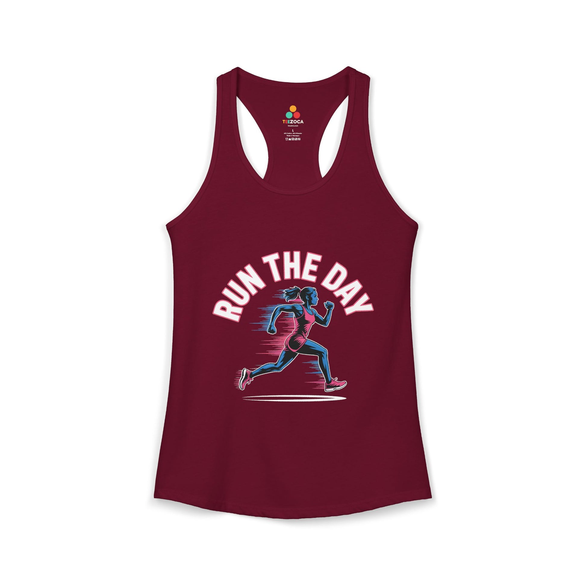 TEEZOCA women’s tank top featuring a powerful female runner illustration and active lifestyle design