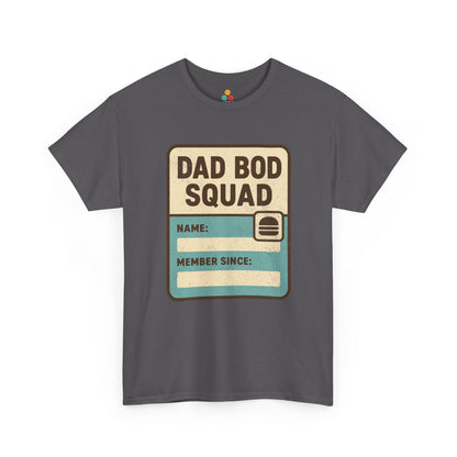 gray: Dark heather gray t‑shirt with distressed “Dad Bod Squad” badge graphic, flat front view.