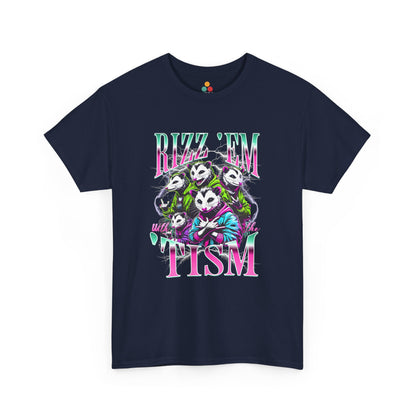 “NavyBlue  t‑shirt featuring neon ‘Rizz ’Em With the ’Tism’ lettering and opossum squad artwork, flat front.”

