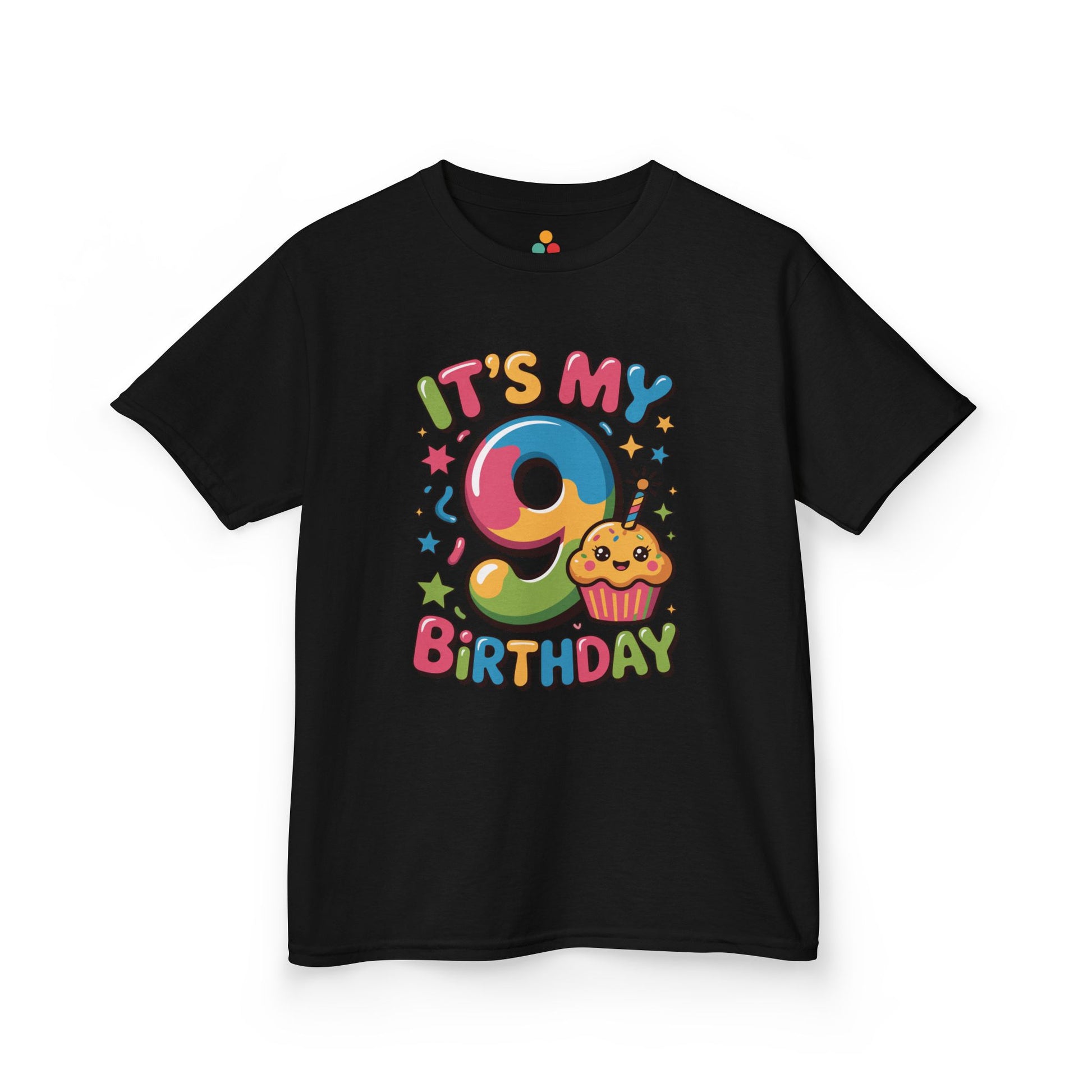 “Black ‘It’s My 9th Birthday’ shirt with rainbow 9 and smiling cupcake, confetti and stars, kids unisex tee, flat display.”

