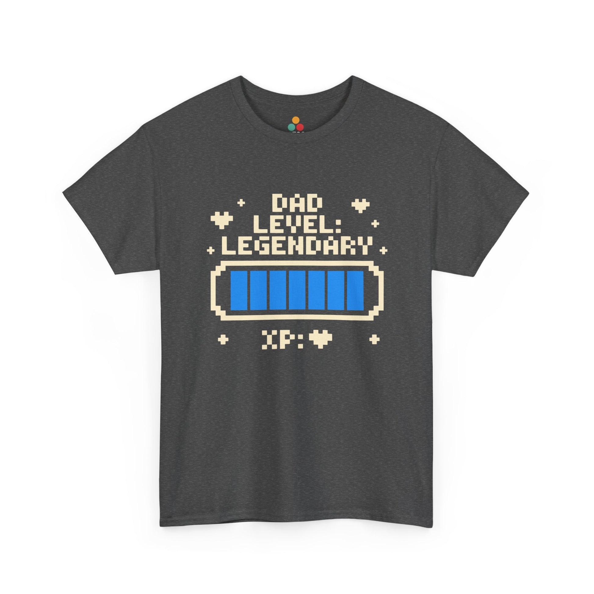 TEEZOCA dark gray “Dad Level Legendary” XP bar gaming dad T‑shirt displayed flat.
