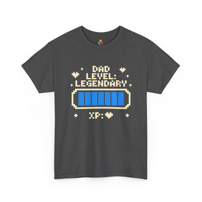 TEEZOCA dark gray “Dad Level Legendary” XP bar gaming dad T‑shirt displayed flat.