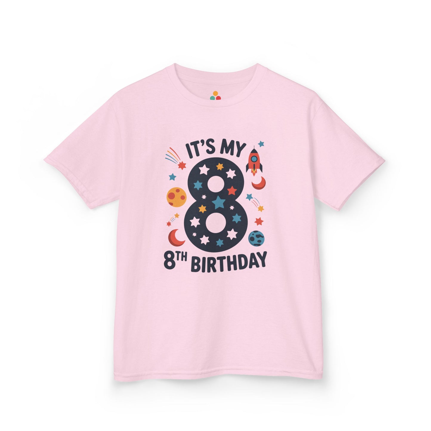 “Light pink ‘It’s My 8th Birthday’ shirt with navy 8, rocket, planets and moons, girls 8th birthday space top, flat front.”


