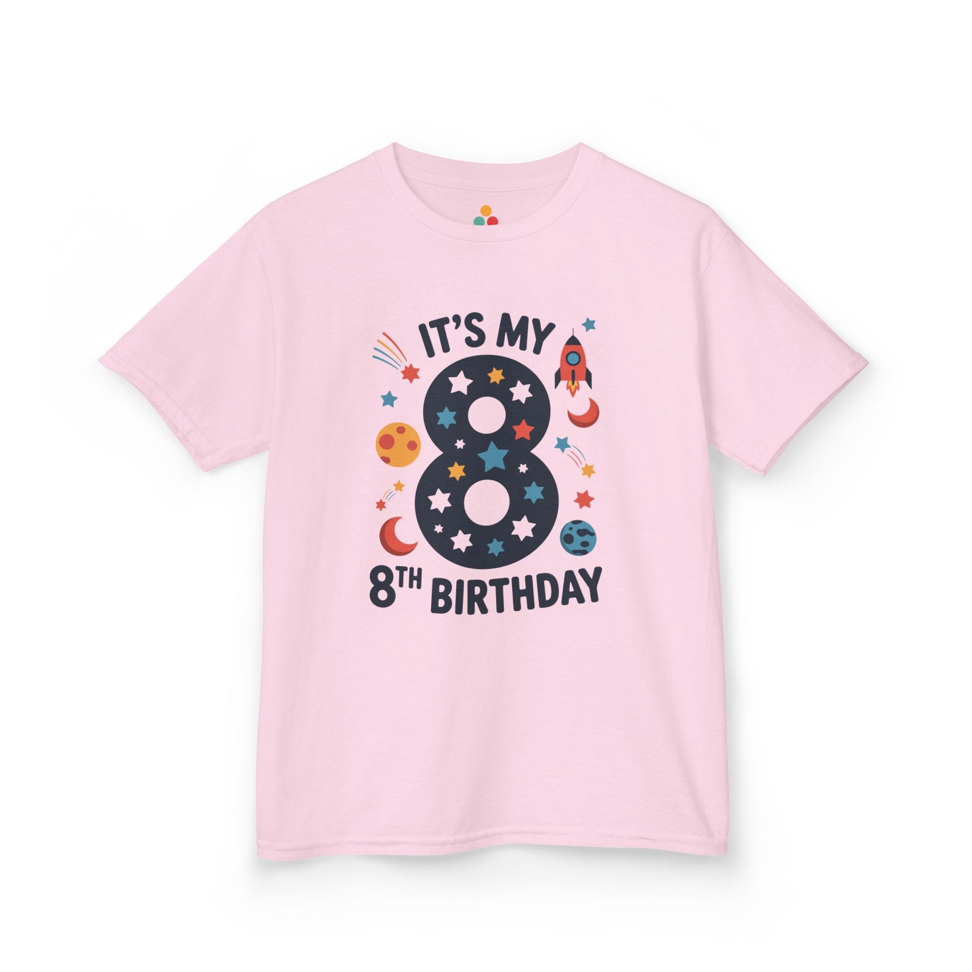 “Light pink ‘It’s My 8th Birthday’ shirt with navy 8, rocket, planets and moons, girls 8th birthday space top, flat front.”

