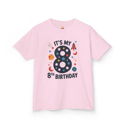 “Light pink ‘It’s My 8th Birthday’ shirt with navy 8, rocket, planets and moons, girls 8th birthday space top, flat front.”

