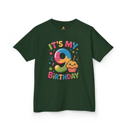 “Forest green kids ‘It’s My 9th Birthday’ t-shirt, rainbow 9 and cupcake graphic, front view.”

