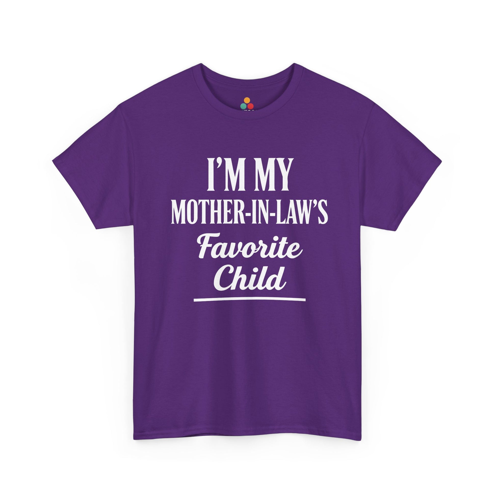 “Teezoca purple I’m My Mother‑In‑Law’s Favorite Child shirt, humorous favorite child quote tee, front.”


