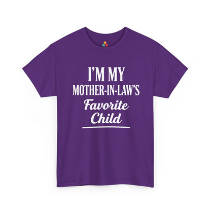 “Teezoca purple I’m My Mother‑In‑Law’s Favorite Child shirt, humorous favorite child quote tee, front.”

