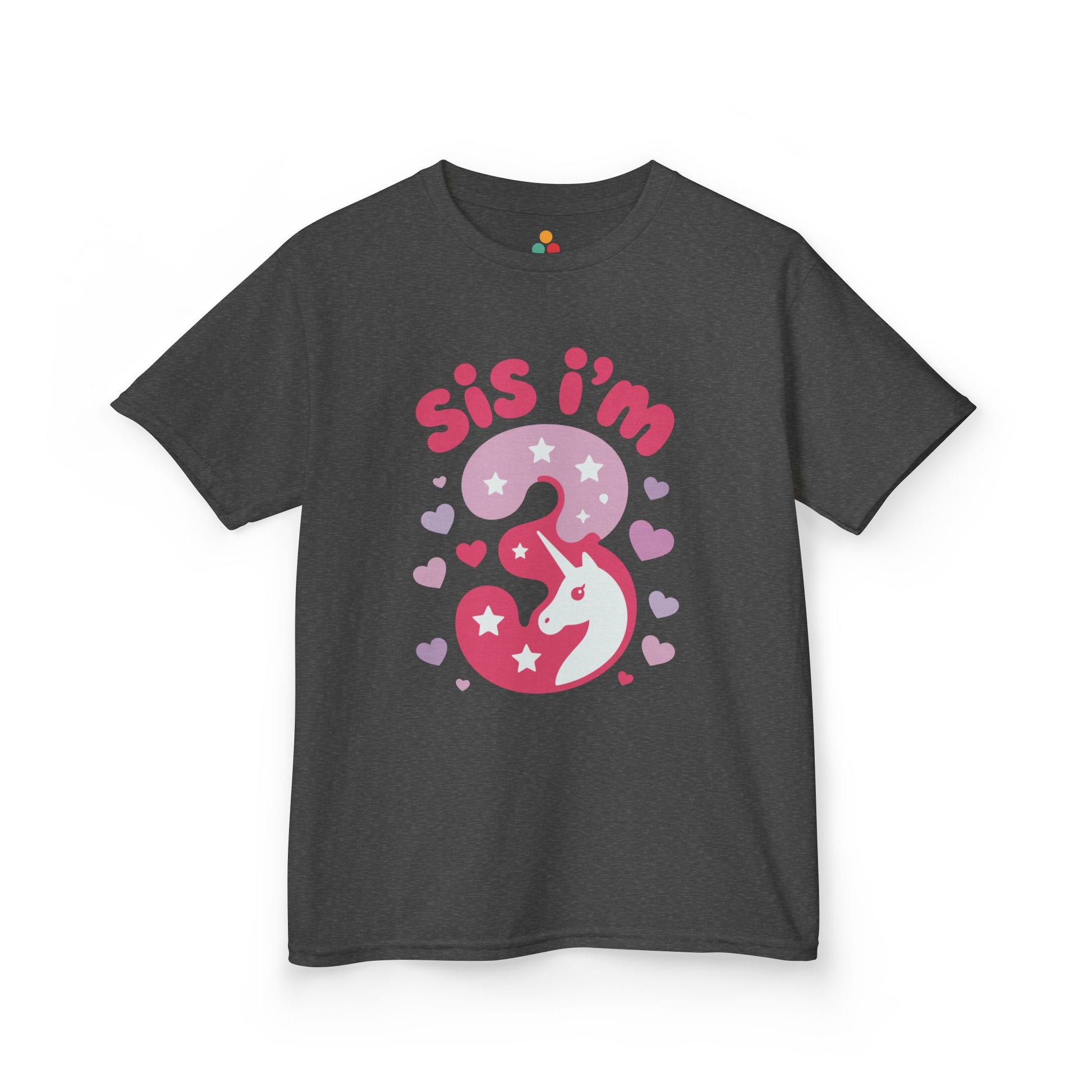 "Dark gray 'Sis I'm 3' unicorn birthday shirts with pink number 3 and hearts, flat front view."