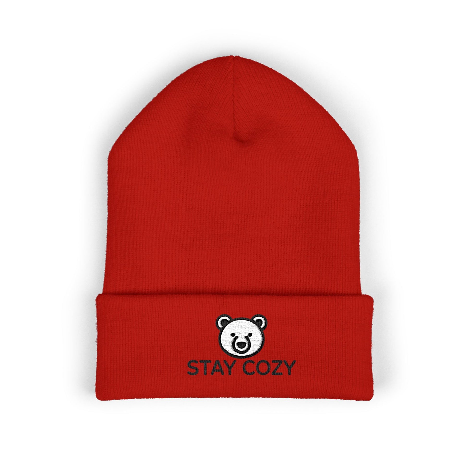 Red beanie with 'Stay Cozy' logo on a white background